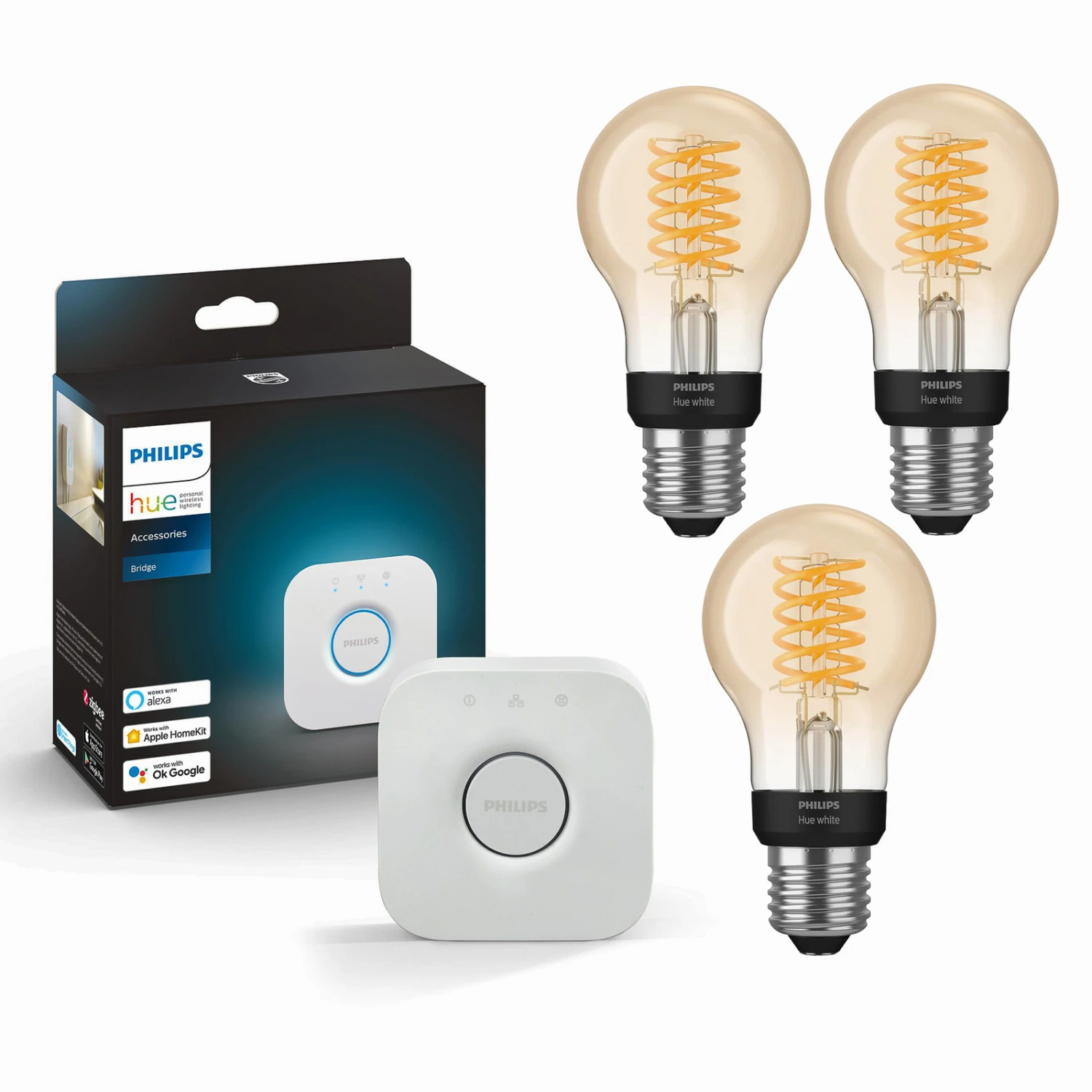 3x Philips Hue White 7W E27 Filament + Bridge 1 3x Philips Hue White 7W E27 Filament + Bridge